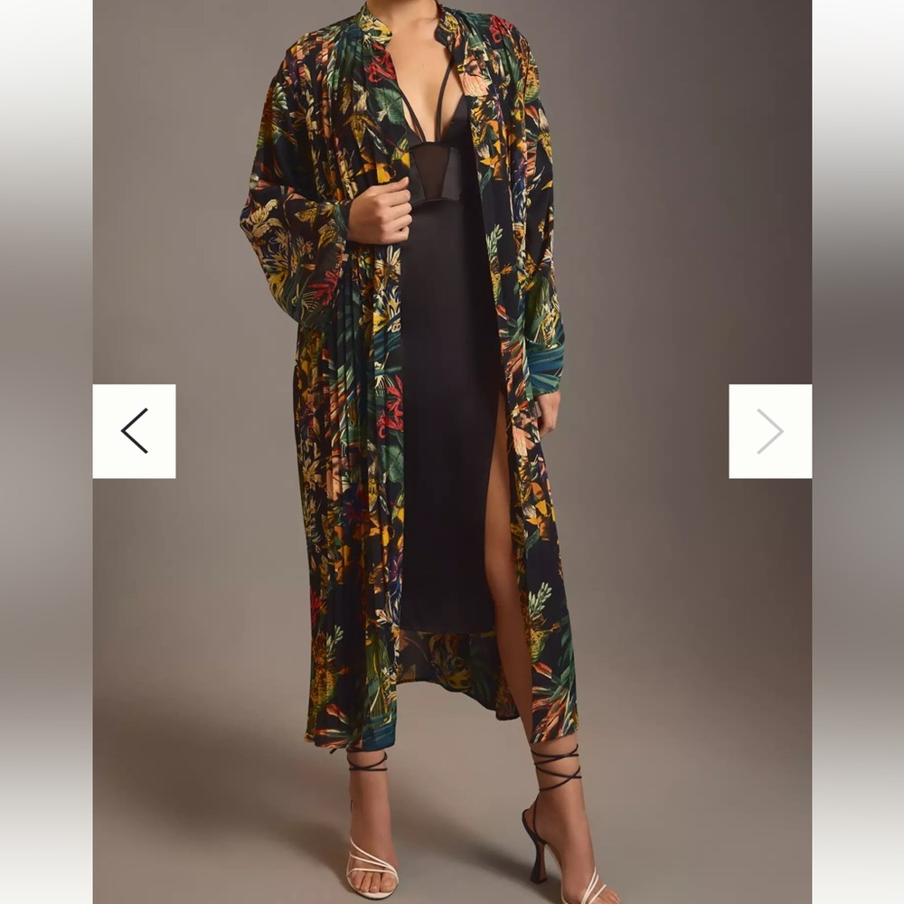 Anthropologie Tropical Floral Long Kimono Robe in Black and Green